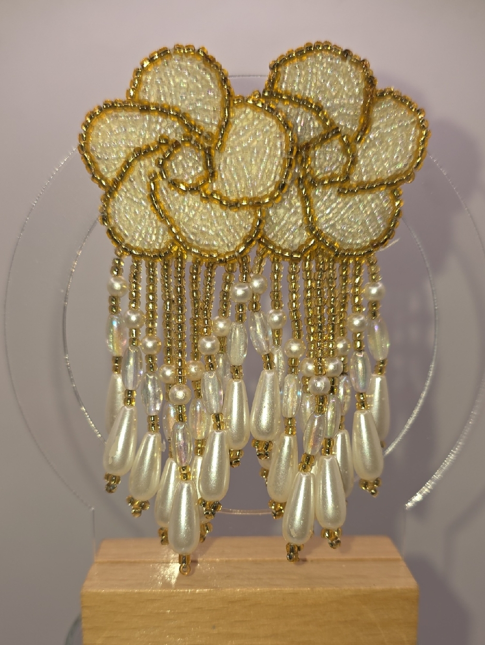 Beaded Floral Dangle Earrings in Ivory and Goldtones.